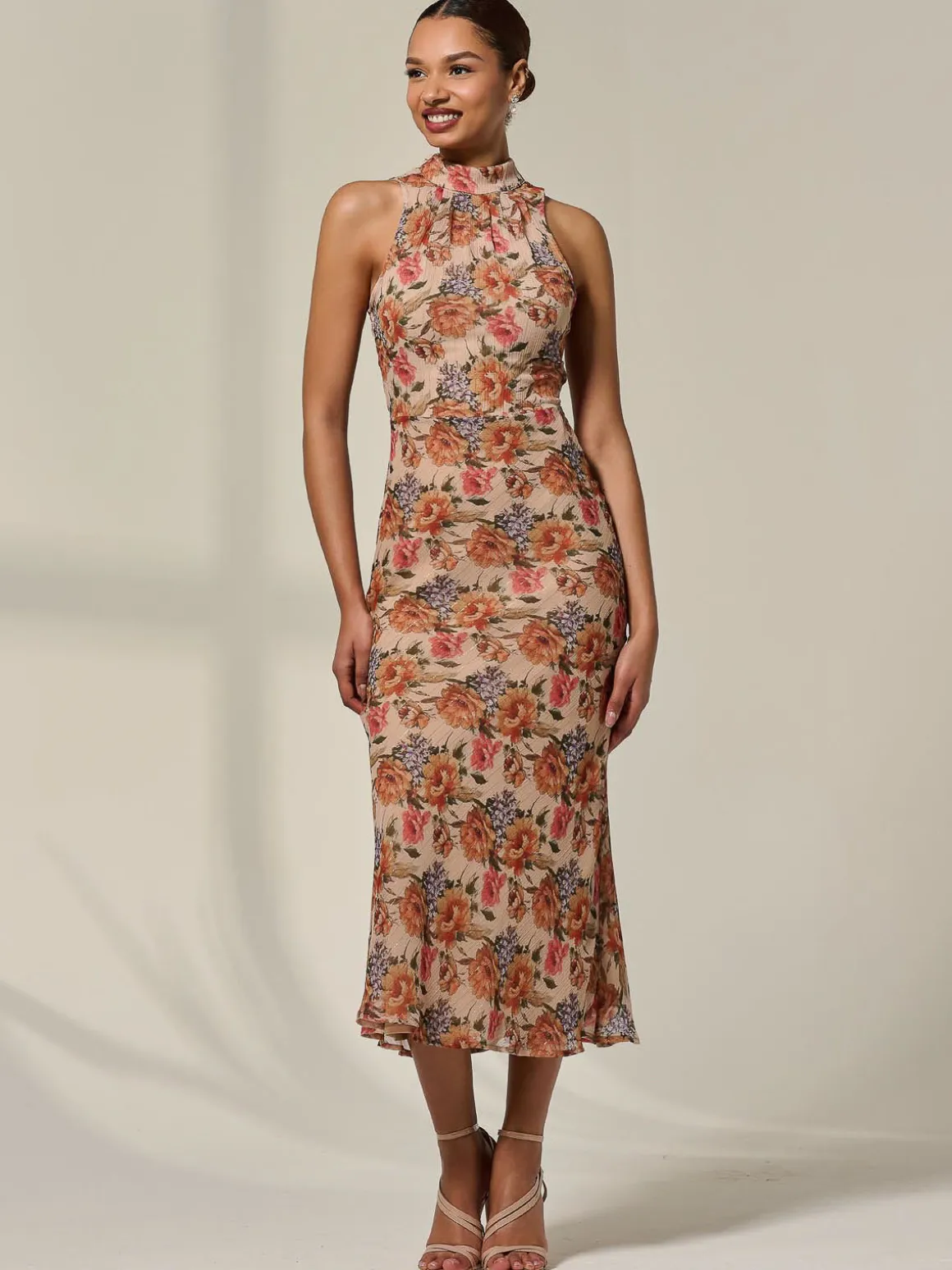 Chiffon Halterneck Printed Midaxi Dress, Beige Floral