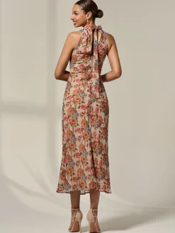 Chiffon Halterneck Printed Midaxi Dress, Beige Floral