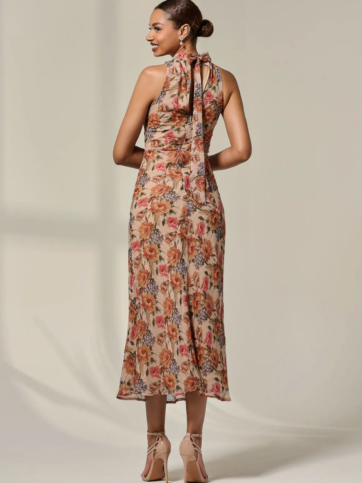 Chiffon Halterneck Printed Midaxi Dress, Beige Floral
