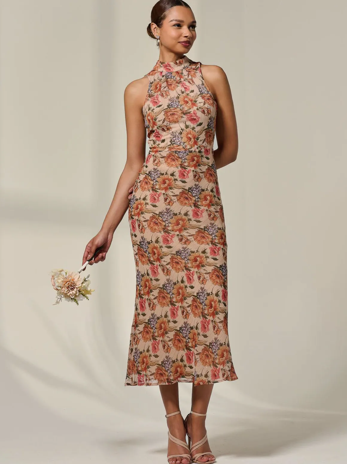 Chiffon Halterneck Printed Midaxi Dress, Beige Floral