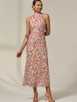 Chiffon Halterneck Printed Midaxi Dress, Orange Floral