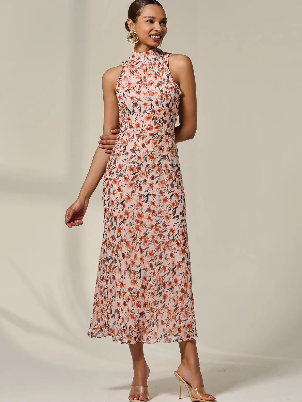 Chiffon Halterneck Printed Midaxi Dress, Orange Floral