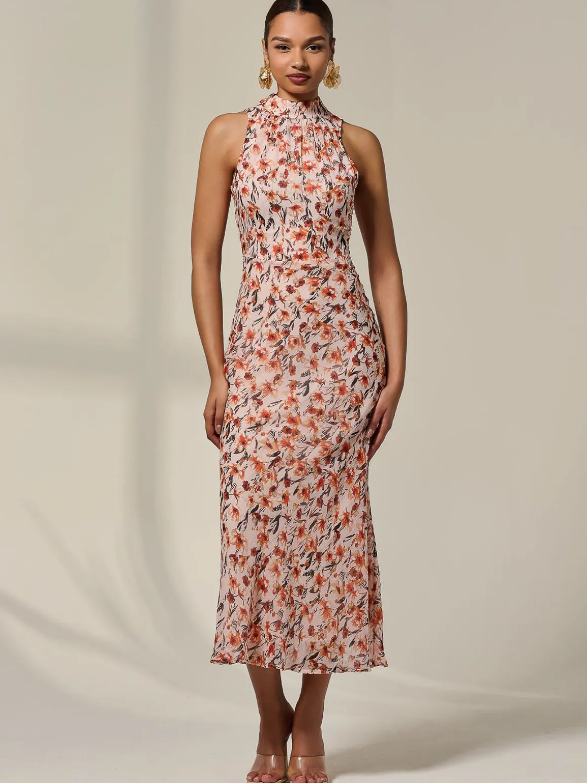 Chiffon Halterneck Printed Midaxi Dress, Orange Floral