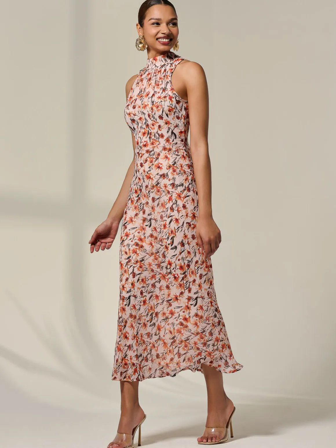 Chiffon Halterneck Printed Midaxi Dress, Orange Floral