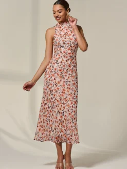 Chiffon Halterneck Printed Midaxi Dress, Orange Floral