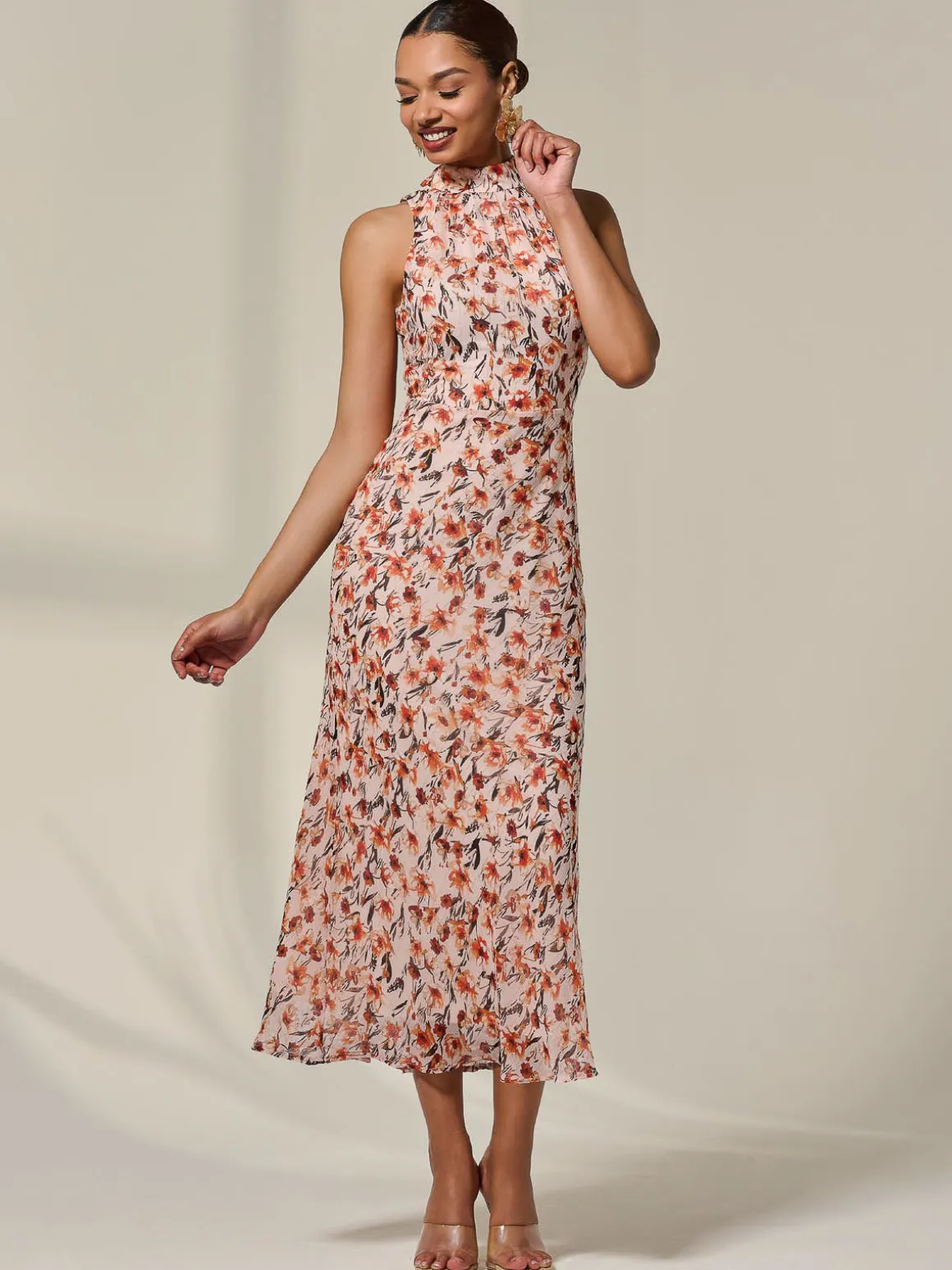 Chiffon Halterneck Printed Midaxi Dress, Orange Floral