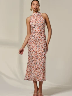 Chiffon Halterneck Printed Midaxi Dress, Orange Floral