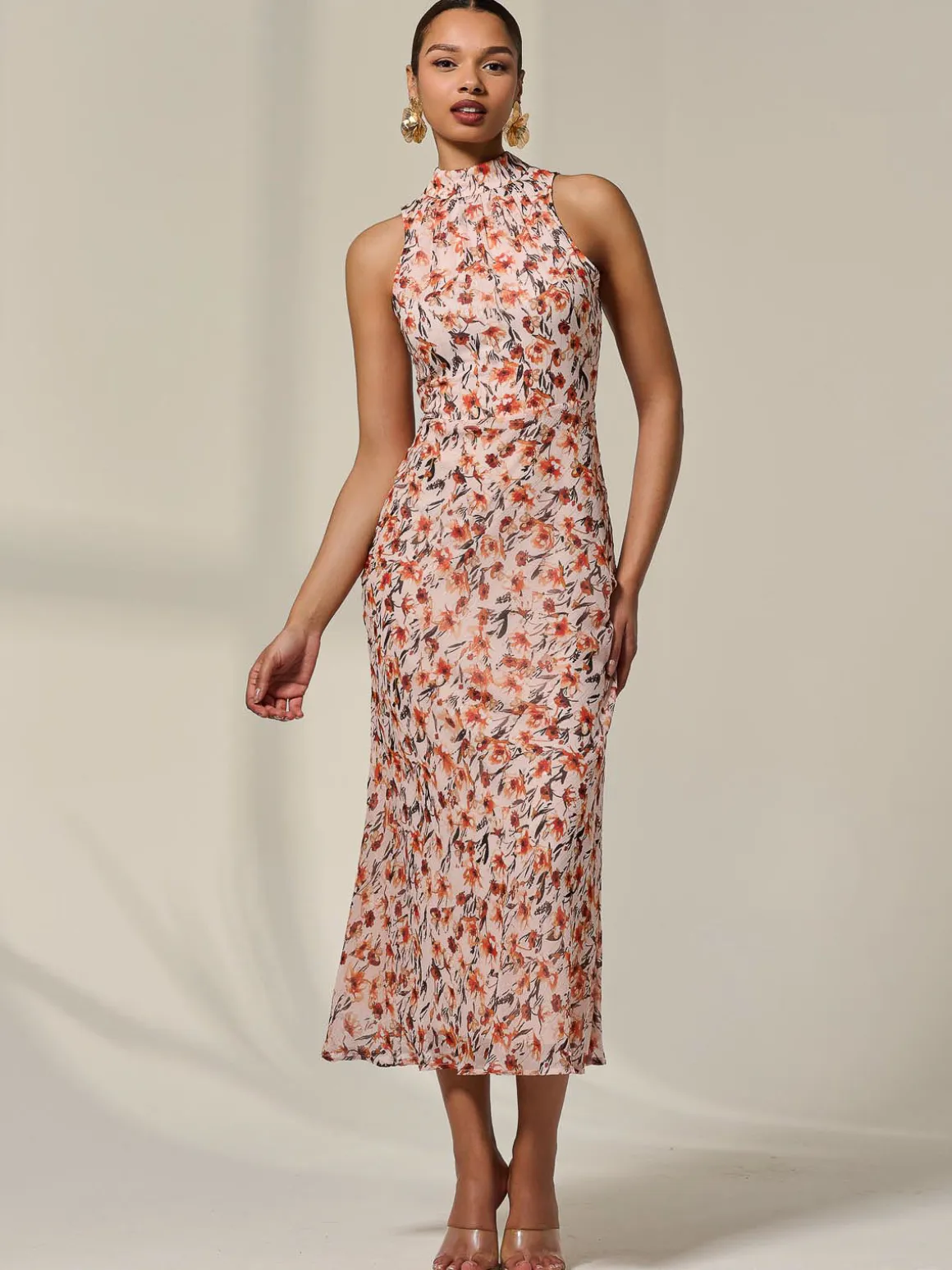 Chiffon Halterneck Printed Midaxi Dress, Orange Floral