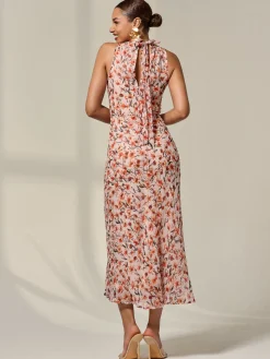 Chiffon Halterneck Printed Midaxi Dress, Orange Floral