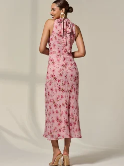 Chiffon Halterneck Printed Midaxi Dress, Pink Floral