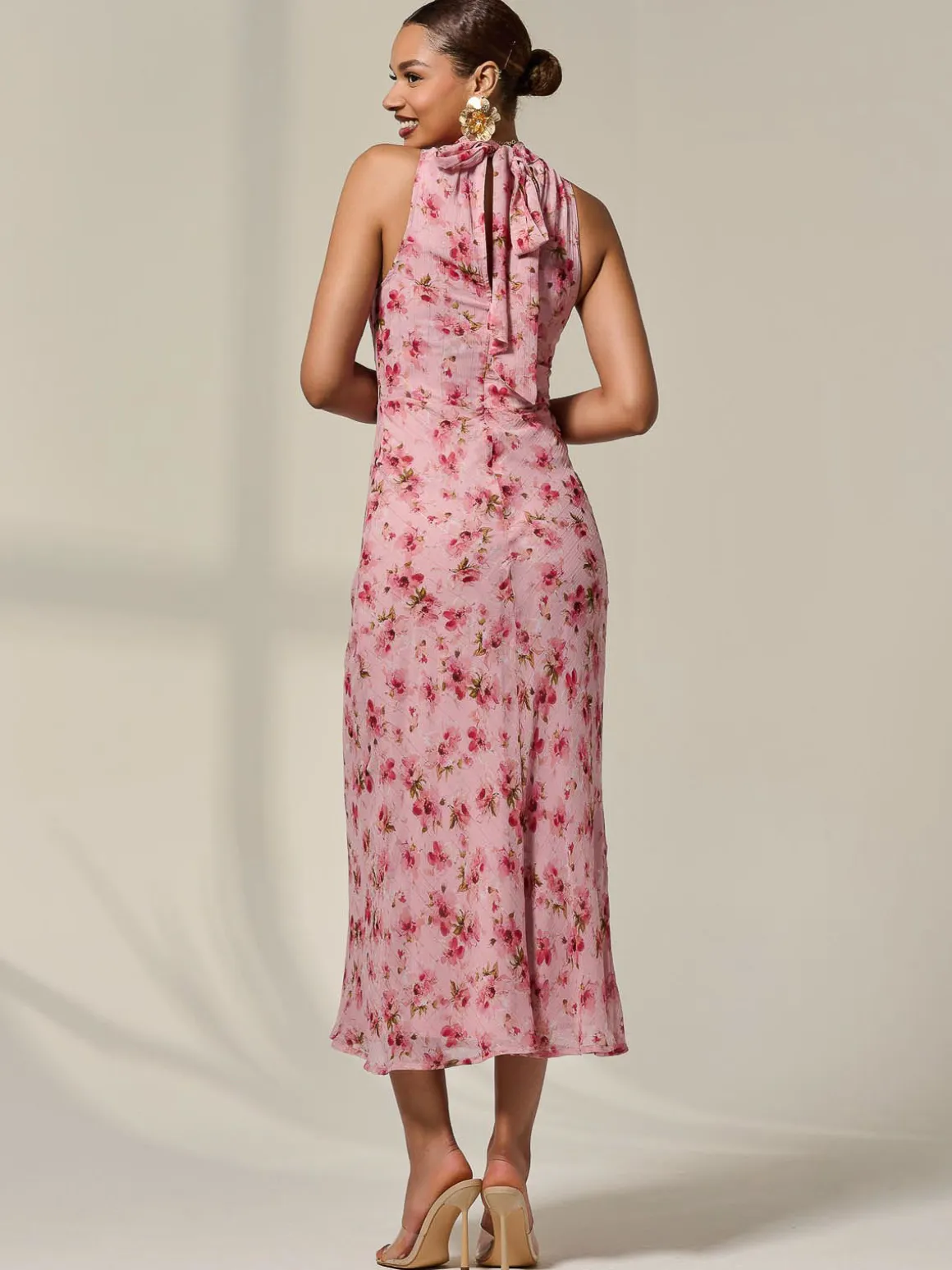 Chiffon Halterneck Printed Midaxi Dress, Pink Floral