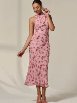 Chiffon Halterneck Printed Midaxi Dress, Pink Floral
