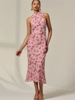 Chiffon Halterneck Printed Midaxi Dress, Pink Floral