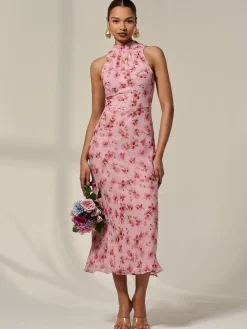 Chiffon Halterneck Printed Midaxi Dress, Pink Floral