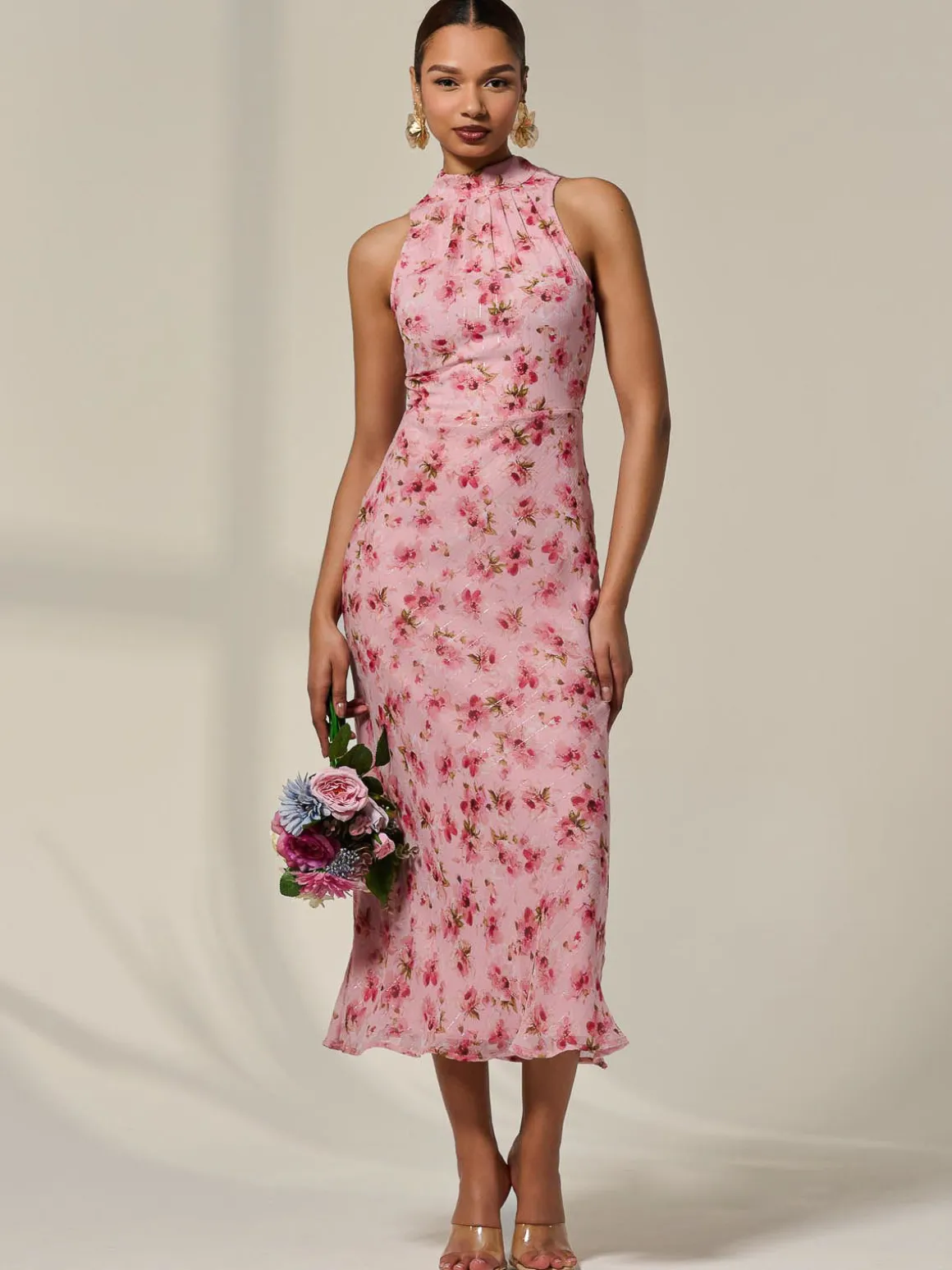 Chiffon Halterneck Printed Midaxi Dress, Pink Floral