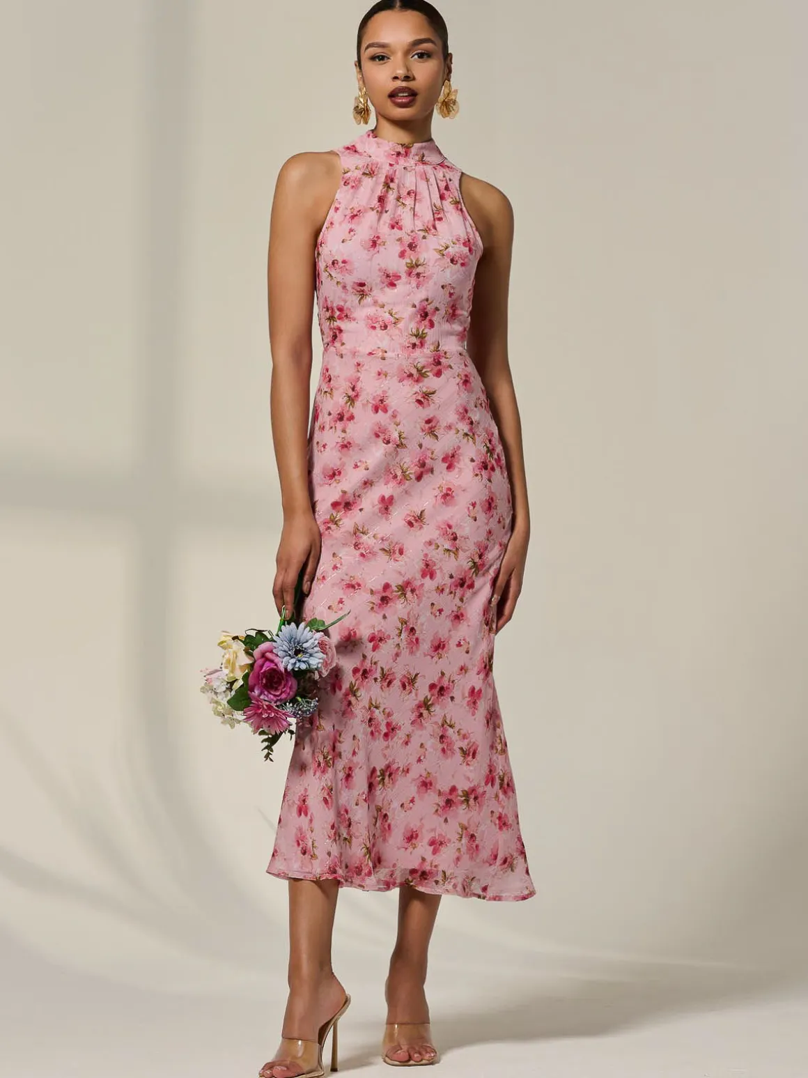 Chiffon Halterneck Printed Midaxi Dress, Pink Floral
