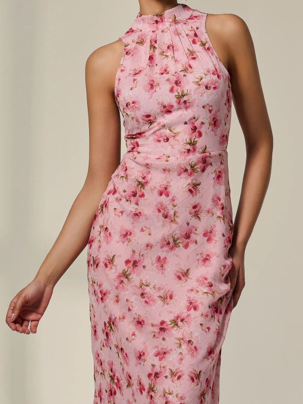 Chiffon Halterneck Printed Midaxi Dress, Pink Floral