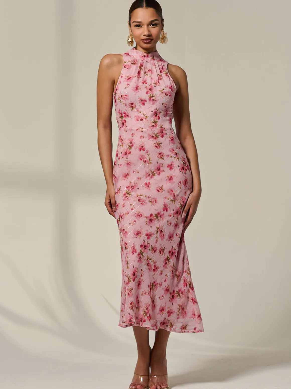 Chiffon Halterneck Printed Midaxi Dress, Pink Floral