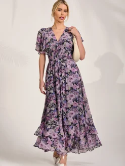 Chiffon Layered Sleeve Ruffle Hem Midaxi, Black Floral