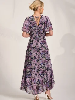 Chiffon Layered Sleeve Ruffle Hem Midaxi, Black Floral