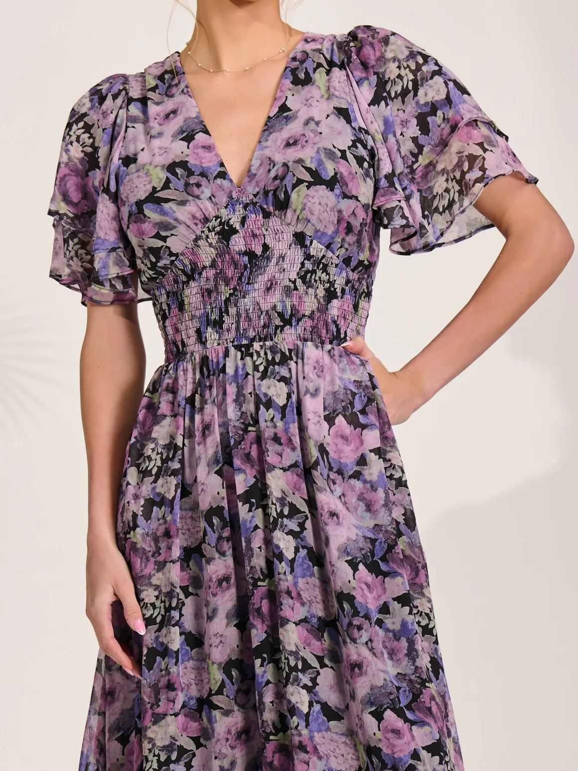 Chiffon Layered Sleeve Ruffle Hem Midaxi, Black Floral
