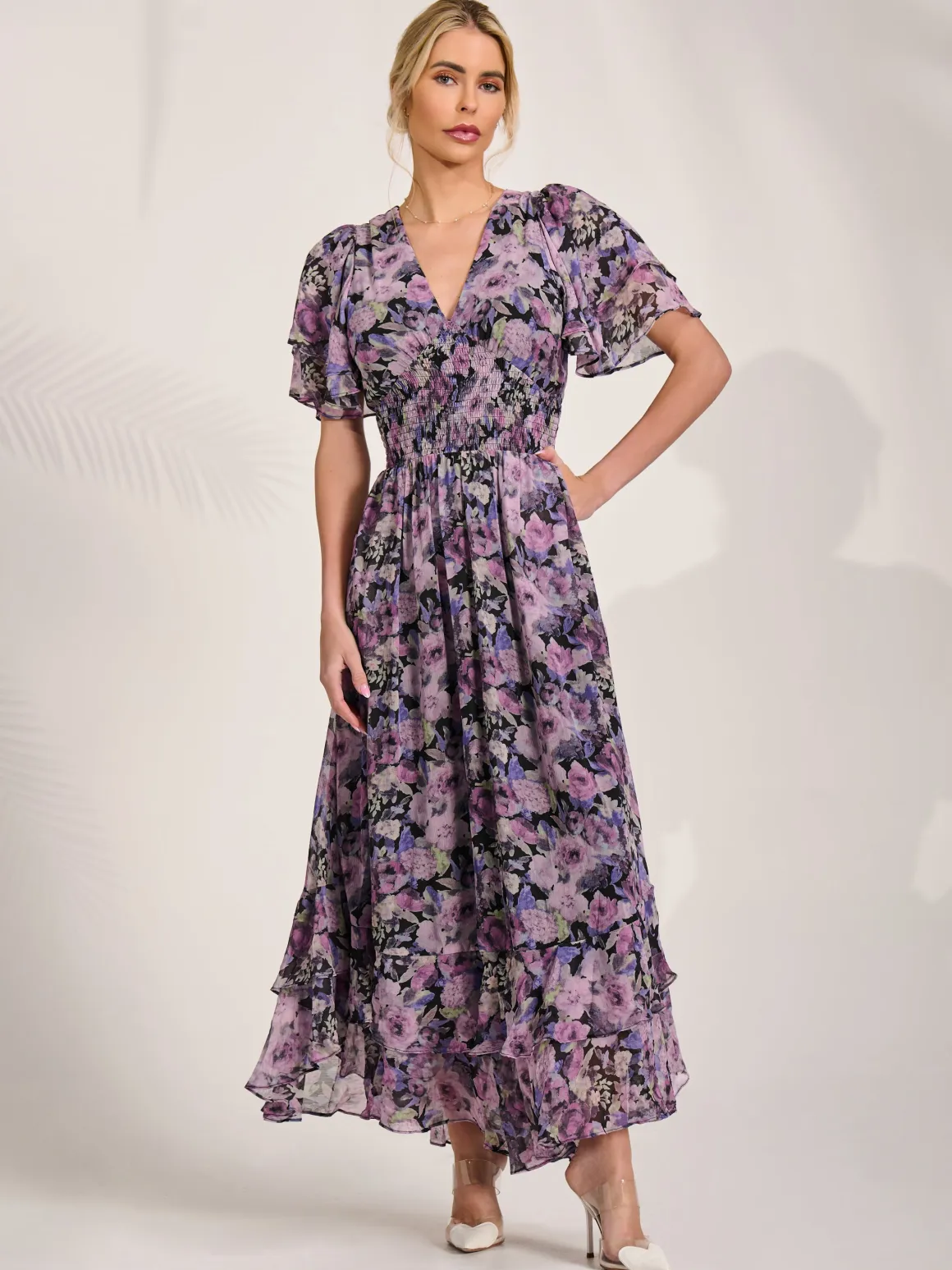 Chiffon Layered Sleeve Ruffle Hem Midaxi, Black Floral
