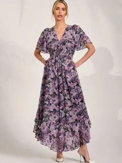 Chiffon Layered Sleeve Ruffle Hem Midaxi, Black Floral