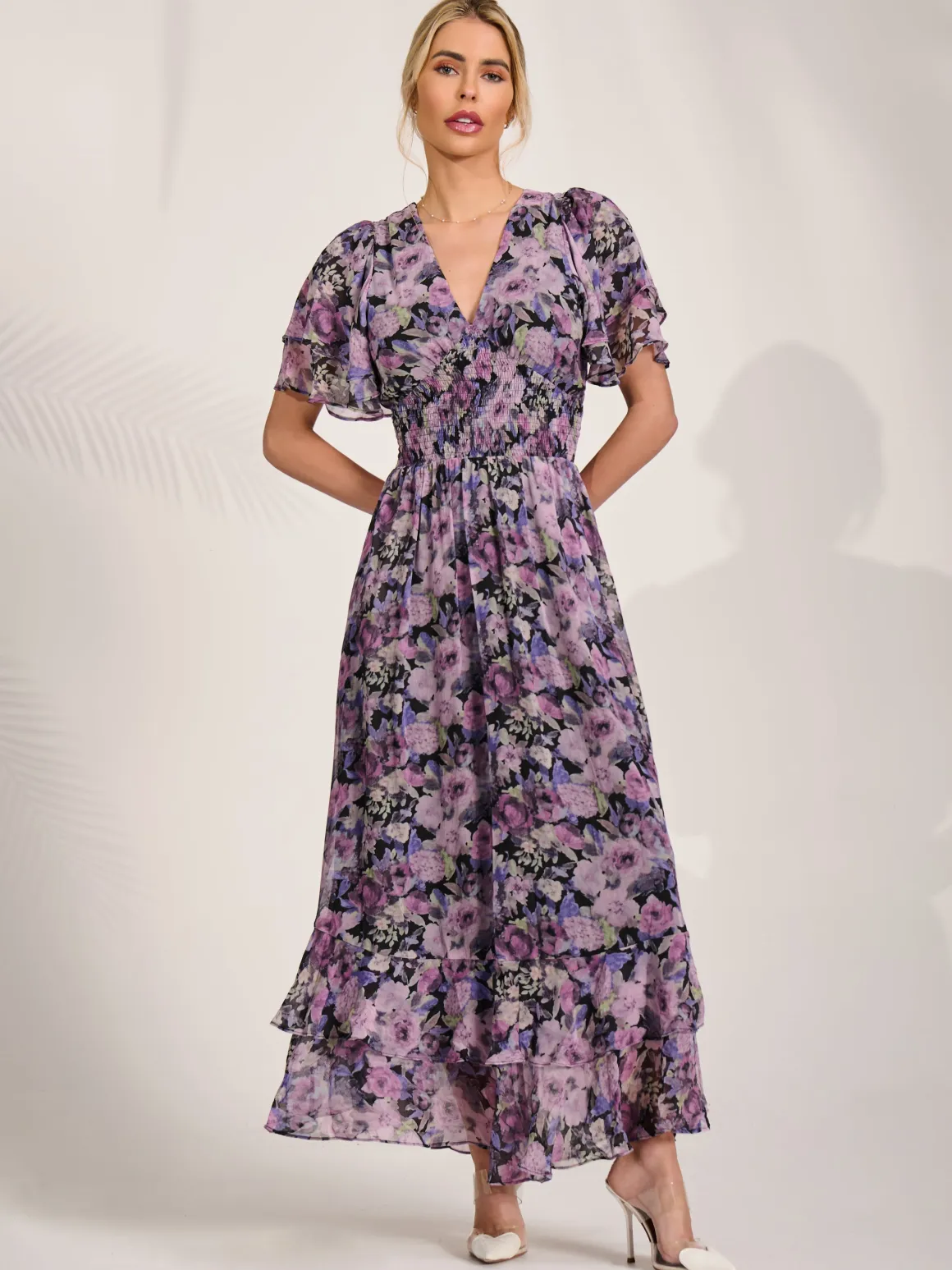 Chiffon Layered Sleeve Ruffle Hem Midaxi, Black Floral