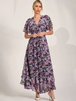 Chiffon Layered Sleeve Ruffle Hem Midaxi, Black Floral