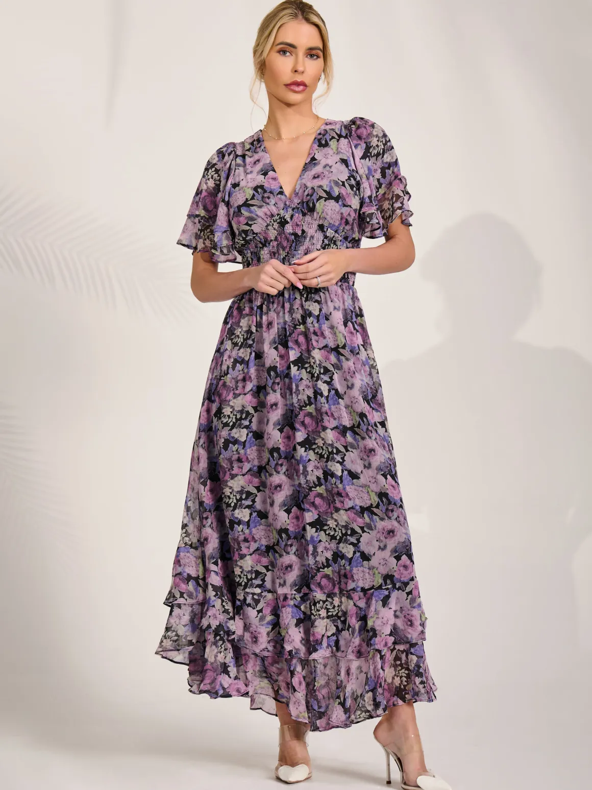 Chiffon Layered Sleeve Ruffle Hem Midaxi, Black Floral