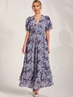 Chiffon Layered Sleeve Ruffle Hem Midaxi, Blue Floral