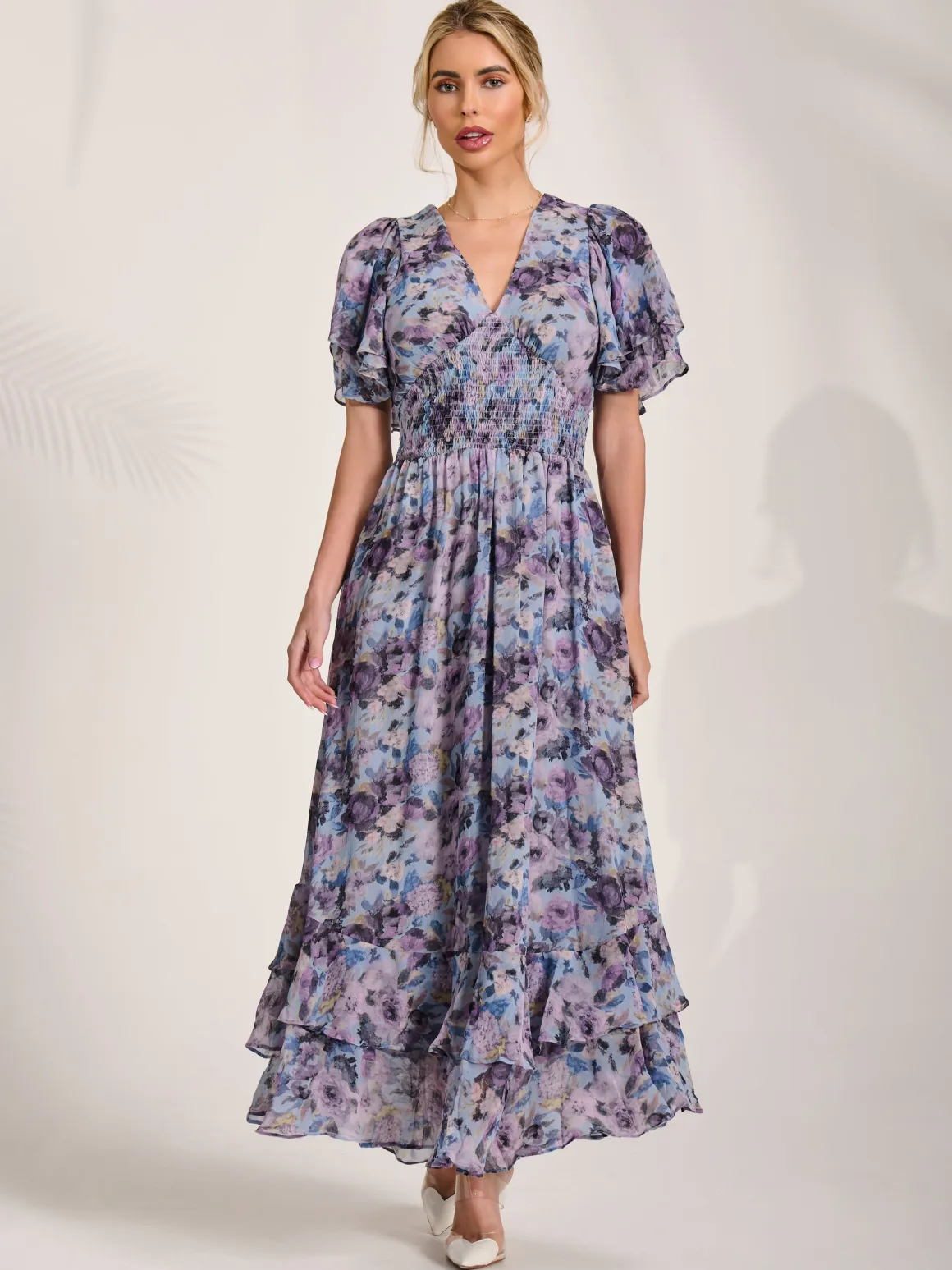 Chiffon Layered Sleeve Ruffle Hem Midaxi, Blue Floral