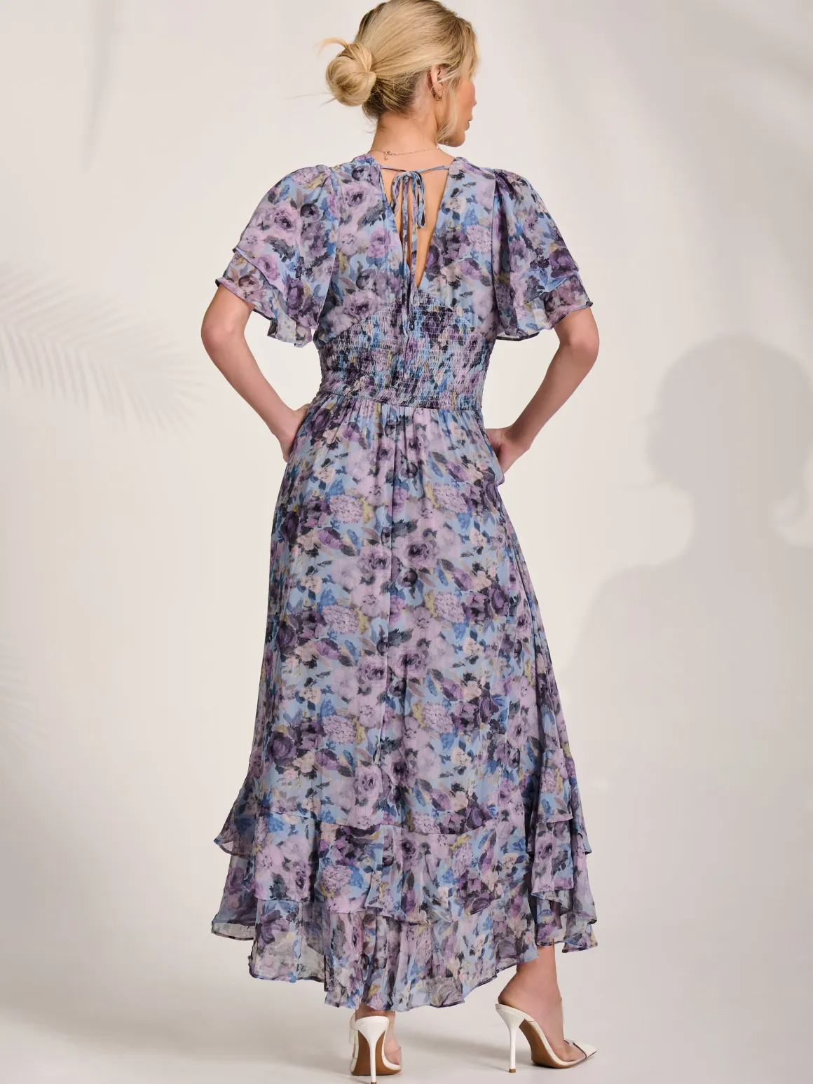 Chiffon Layered Sleeve Ruffle Hem Midaxi, Blue Floral