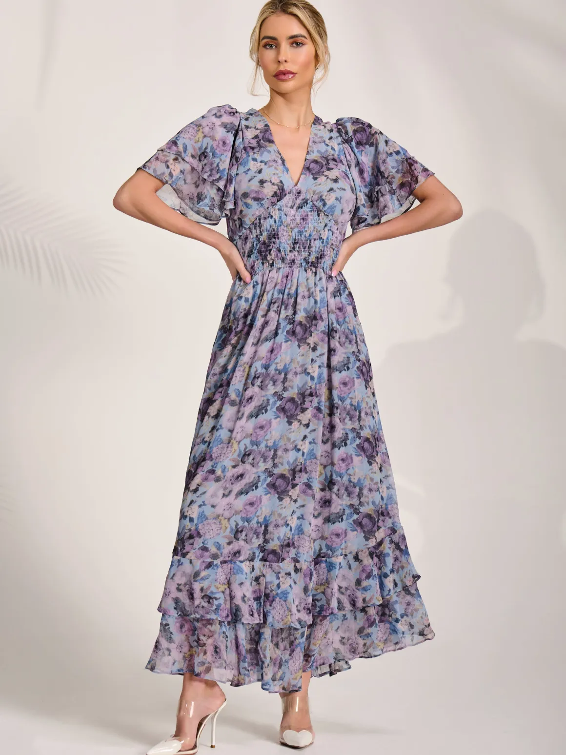Chiffon Layered Sleeve Ruffle Hem Midaxi, Blue Floral
