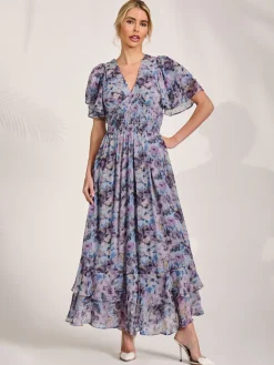 Chiffon Layered Sleeve Ruffle Hem Midaxi, Blue Floral