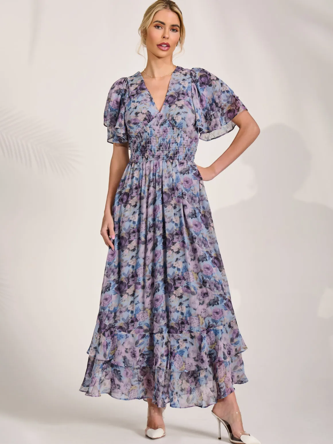 Chiffon Layered Sleeve Ruffle Hem Midaxi, Blue Floral