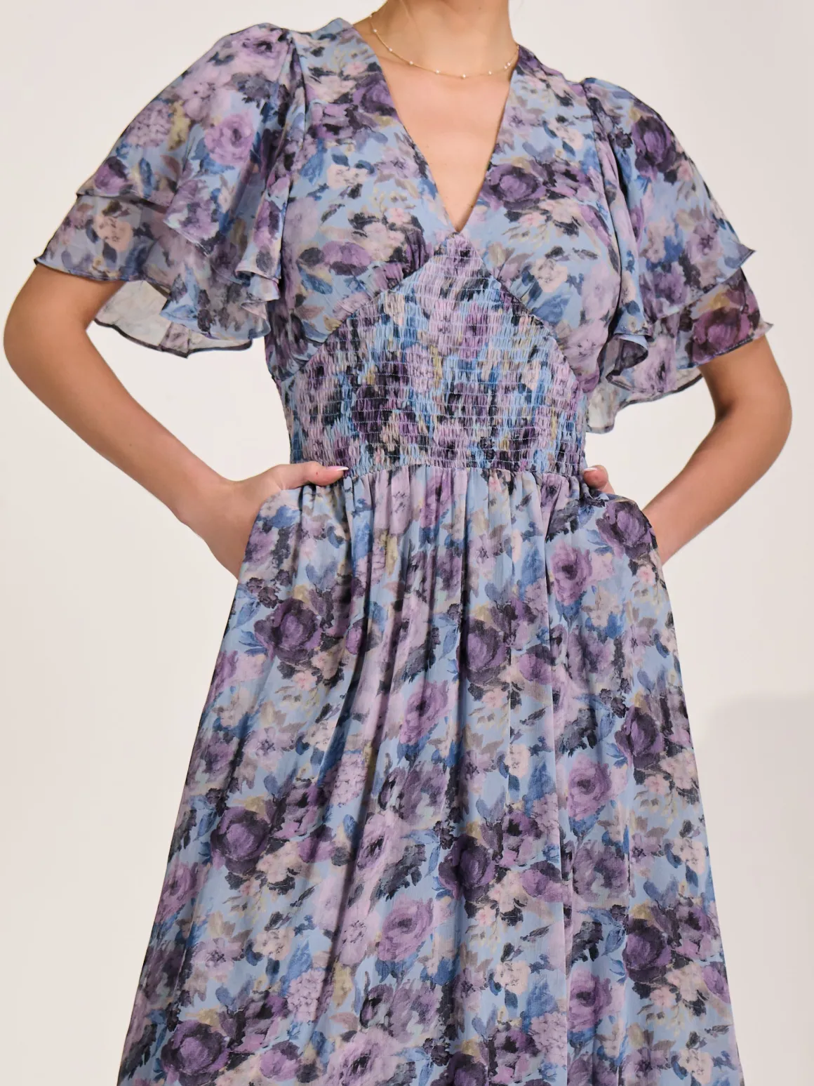 Chiffon Layered Sleeve Ruffle Hem Midaxi, Blue Floral
