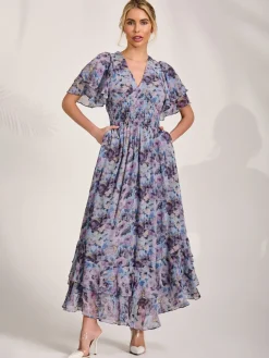 Chiffon Layered Sleeve Ruffle Hem Midaxi, Blue Floral