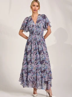 Chiffon Layered Sleeve Ruffle Hem Midaxi, Blue Floral