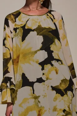 Chiffon Long Sleeve Shift Maxi Dress, Black Floral