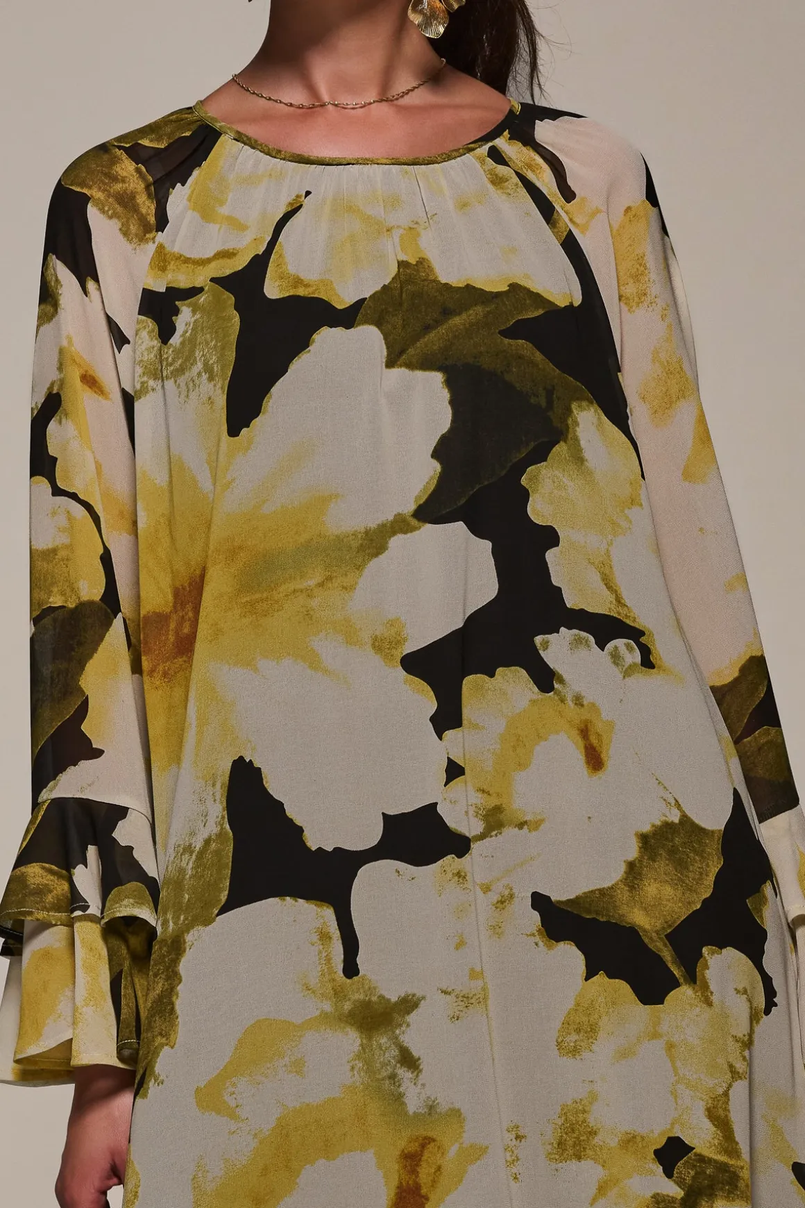 Chiffon Long Sleeve Shift Maxi Dress, Black Floral