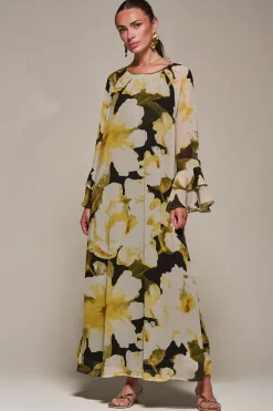 Chiffon Long Sleeve Shift Maxi Dress, Black Floral