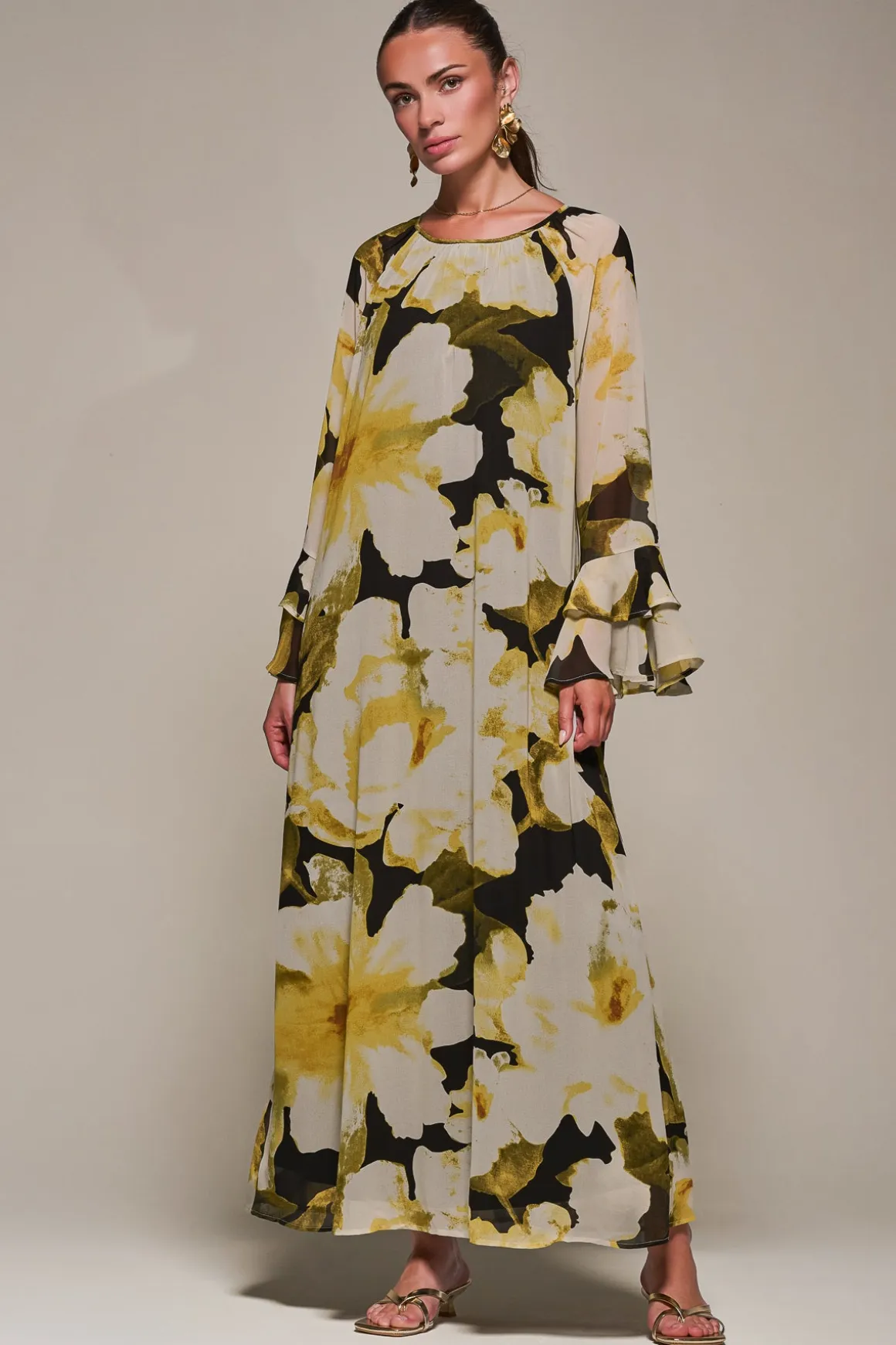 Chiffon Long Sleeve Shift Maxi Dress, Black Floral