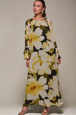 Chiffon Long Sleeve Shift Maxi Dress, Black Floral