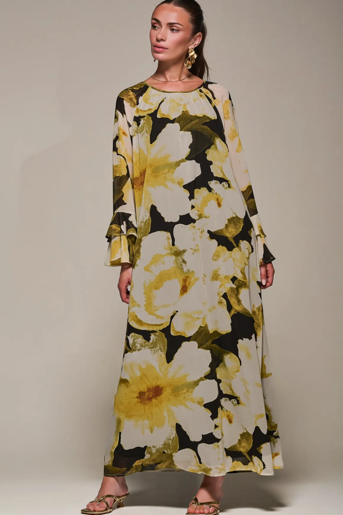Chiffon Long Sleeve Shift Maxi Dress, Black Floral