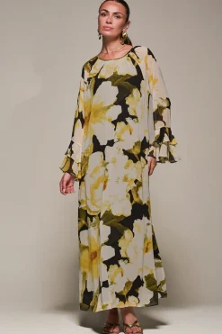 Chiffon Long Sleeve Shift Maxi Dress, Black Floral