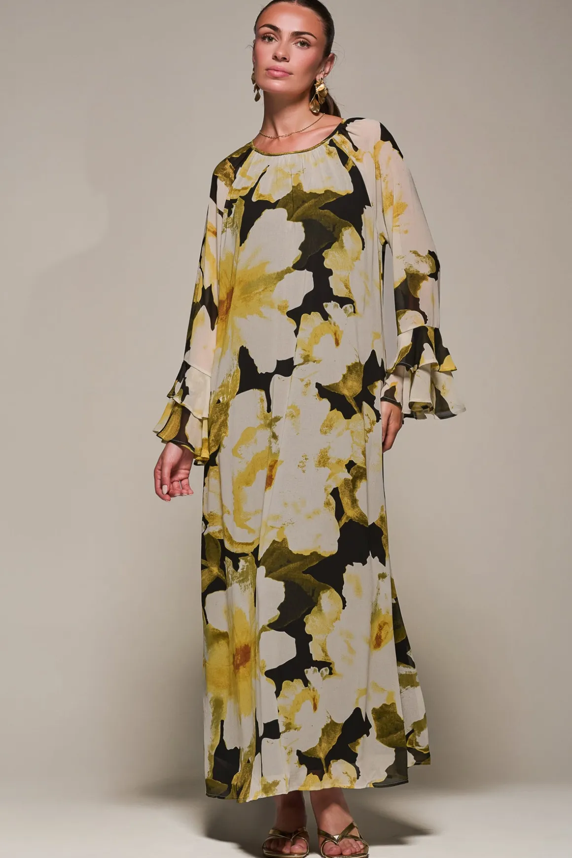 Chiffon Long Sleeve Shift Maxi Dress, Black Floral