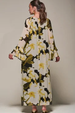 Chiffon Long Sleeve Shift Maxi Dress, Black Floral
