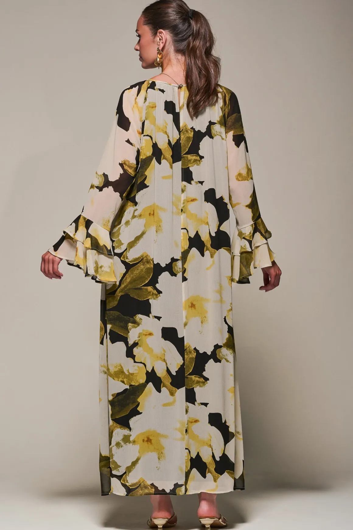 Chiffon Long Sleeve Shift Maxi Dress, Black Floral