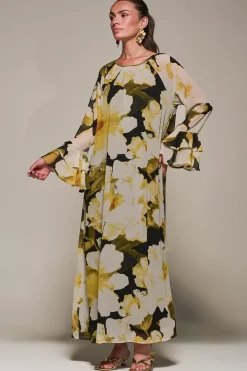 Chiffon Long Sleeve Shift Maxi Dress, Black Floral
